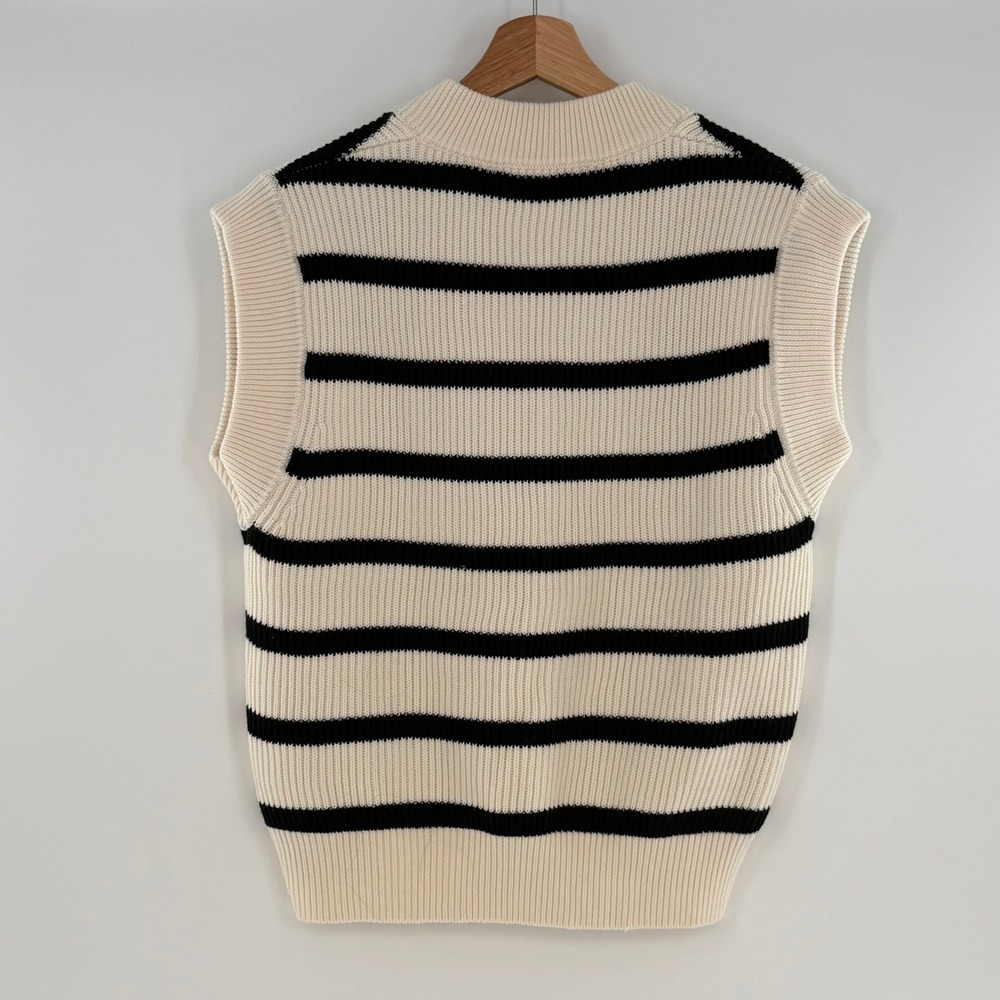 Zara Knit V-Neck Black Cream Striped Sweater Size Small - Picture 2 of 10